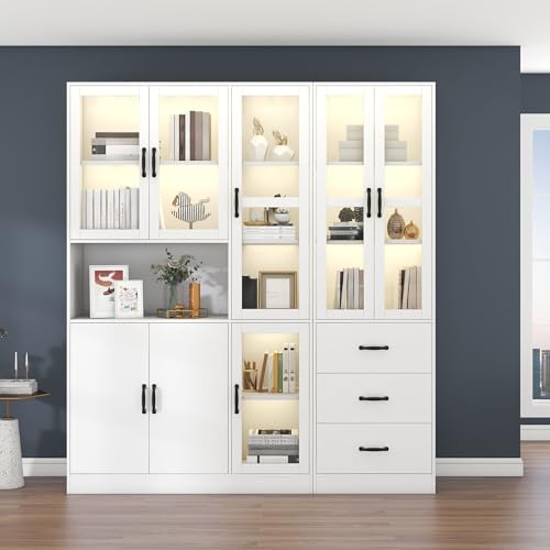 QXJVA Mueble de salón blanco XXL 180 x 40 x 200 cm, armario de vitrina con 3 cajones y 8 puertas de cristal acrílico, iluminación LED, biblioteca, estantería para salón, estudio, moderno