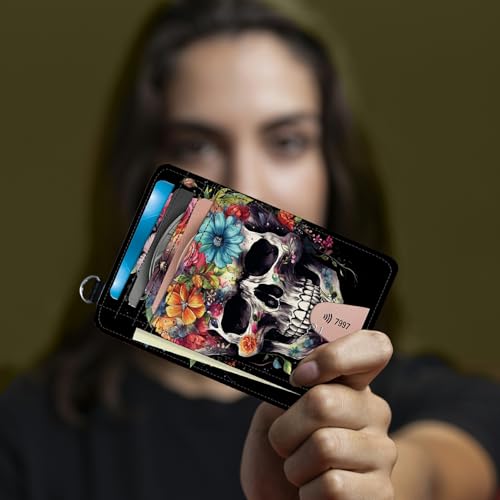 Image of Small Travel Wallets, Sugar Skull Flowers Slim Minimalist Front Pocket Wallet with Wristlet, RFID Blocking PU Leather Credit Card Holder with ID Window Change Purse for Men Women