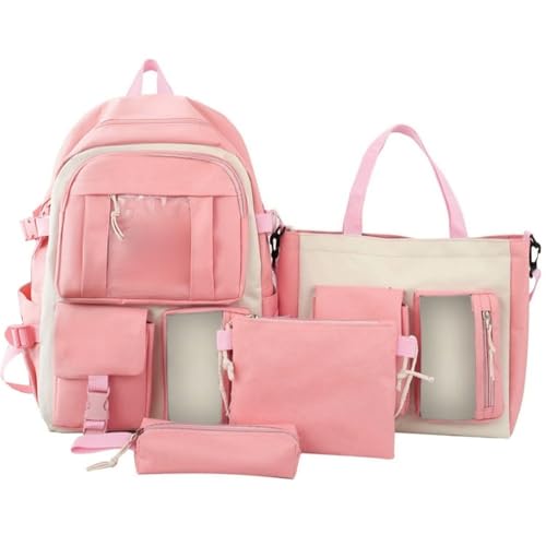 Kit 4 Itens Mochila Escolar Passeio Feminina com Espaço para Notebook Bolsa Maior Bolsa Menor Estojo (Rosa)