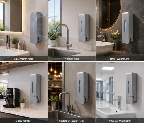 Image of BATH GURU ABS Liquid Soap Dispenser for Bathroom Wash Basin | Kitchen Sink | 350ml Heavy Duty Refillable Wall-Mounted Handwash Dispenser for Home,Offices, Hotels, and Commercial Washrooms (Gun Grey)