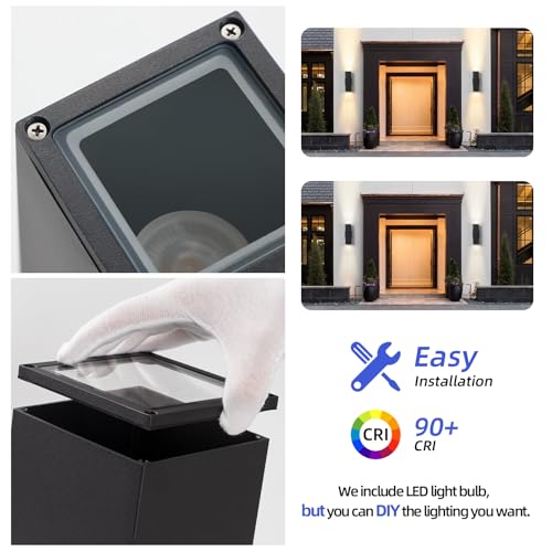 Image of 4 Pack LED Square Up Down Outdoor Wall Lights, Black Exterior Light Fixture | Bulb Incl., 3000K, Aluminum, 12'' Modern Outdoor Lights for House, Waterproof Outside Porch Sconce Light for Garage, Patio