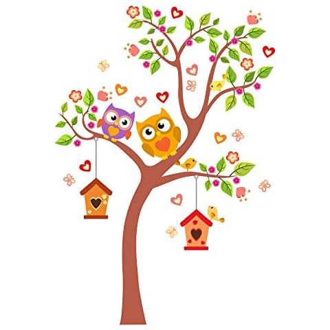madras24pl Wall stickers Kids Baby Children's colorful stickers Animal Trees Cute Owl Wall Decals Nursery Bedroom Livingroom Decoration Childroom owls hearts birds XL 151 cm x 122 cm Cover