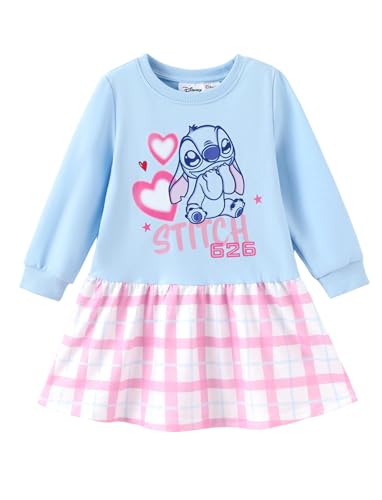 Disney Lilo & Stitch Toddler Girls Dress Casual Long Sleeve Sweatshirt Dresses Cute Plaid Skirt Character Print Outfit Birthday Party Gift for Little Girl Sporty Pullover Fall Clothes Blue 4-5T
