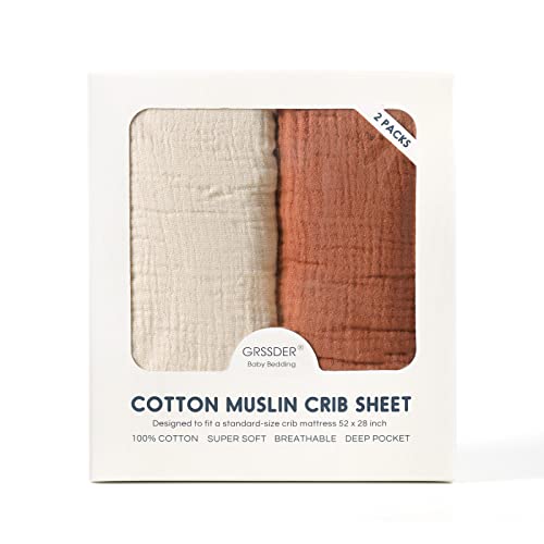 Image of GRSSDER 100% Cotton Muslin Crib Sheet 2 Pack - Breathable & Ultra-Soft Fitted Crib Sheets for Standard Baby & Toddler Mattresses, 52 inchx28 inch with 9 inch Deep Pocket, Snug Fit All-Around Elastic