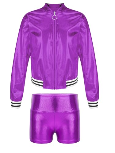 TTAO Kids Boys Girls Jazz Hip Hop Dance Costumes Shiny Metallic Bomber Jacket Outwear and Dance Shorts Tracksuit Set Purple 8 Years