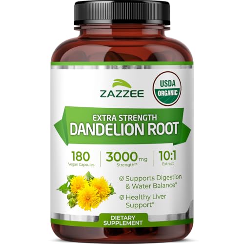 Image of Zazzee USDA Organic Dandelion Root 10:1 Extract, 180 Capsules | 6 Month Supply, Liver & Detox Support, Taraxacum Officinale, Organic Herbal Supplement, All-Natural, Non-GMO, Made in the USA
