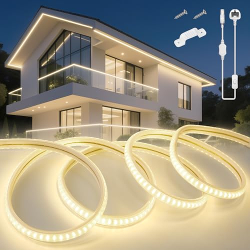 KSIBNW LED Strip Light 5M Waterproof Outdoor Garden, 220V 240V Neon Outside LED Light Strips Cuttable Rope Lights Flexible Neon Rope for Kitchen Cupboard Decking Outdoor Indoor Decor, Natural White