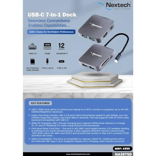 Image of Nextech 7-in-1 USB C Hub for MacBook, Laptop & iPad, 4K HDMI, 100W PD Charging, Dual USB 3.0, USB-C 5Gbps Data Port, TF & Micro SD Card Reader, Multiport Adapter Docking Station