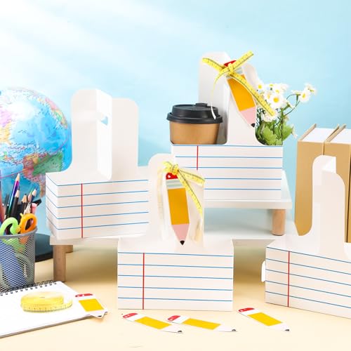 Reallnaive 24 Set Back to School 2 Cup Drink Carrier with Handle Blue Lined Cardboard Carrier Teacher Appreciation Gifts with Greeting Card Kraft Coffee Caddy Flower Holder for Classroom Party Favors - Image 3