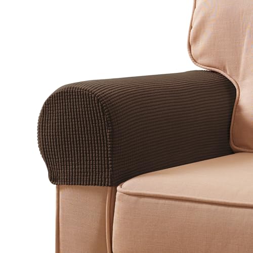 SUBRTEX Stretch Armrest Covers Anti-Slip Upgraded Spandex Arm Covers for Chairs Couch Sofa Armchair Slipcovers for Recliner Sofa with Hook and Loop Tape (2pcs, Chocolate)