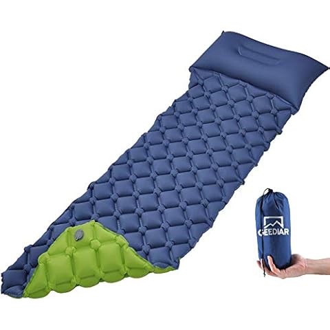 GEEDIAR Inflatable Sleeping Mat Ultralight Camping Mattress with Pillow, Waterproof Double-Sided Color Sleeping Pad, Folding Inflating Single Bed Portable Air Pad for Trekking Backpacking (Blue+Green) Cover