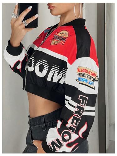 Floerns Women's Y2k Letter Graphic Zip Up Motorcycle Jacket Long Sleeve Cropped Bomber Jackets2