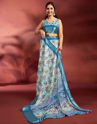 Image of SIRIL Women's Dola Silk Printed Jacquard Border Ready To Wear Saree with Unstitched Blouse Piece