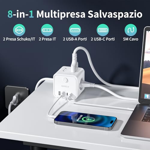 Ciabatta Elettrica Multipresa Con 4 Prese Universali 10/16A Ita E Schuko, 5 M Prolunga Elettrica Con 2 Usb A+2 Usb C,Presa Multipla Spina Piatta Salvaspazio Con Interruttori Per Casa, Ufficio Nero - 2