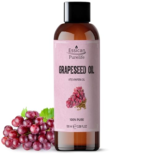 Essican Purelife 100ml Pure Grape Seed Oil for Hair, Skin & Beard, Natural Grapeseed Oil Massage Aromatherapy Body Massage Oils - Multi Use & Nourishing Scalp Moisturiser Oils with Vitamin E