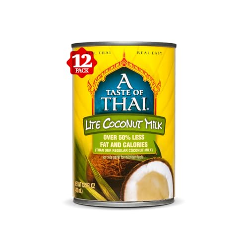 A Taste of Thai Lite Coconut Milk Unsweetened | Canned, Ready to Use Coconut Cream, 50% Less Fat & Calories | Non-GMO, Free of Gluten, Dairy &Trans Fat, No Preservatives - 13.5 Fl Oz (Pack of 12)