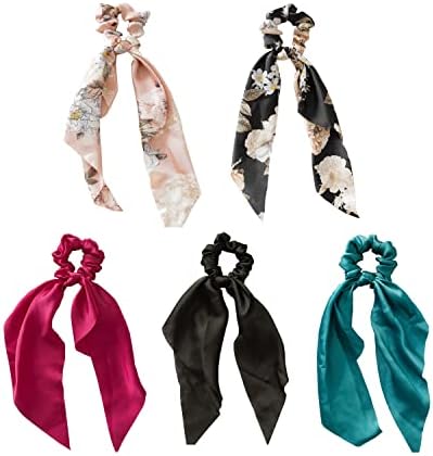 Doromy 5Packs Floral Hair Scarf Scrunchies Bowknot Chiffon Hair Scarves with Ribbon Elastic Floral Bow Hair Ties Ponytail Holder Scrunchy Ties Long Hair Bands Hair Accessories for Women Girls