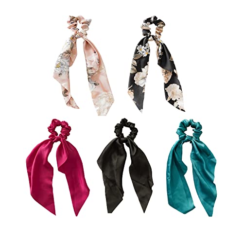 Doromy 5Packs Floral Hair Scarf Scrunchies Bowknot Chiffon Hair Scarves With Ribbon Elastic Floral Bow Hair Ties Ponytail Holder Scrunchy Ties Long Hair Bands Hair Accessories For Women Girls #TOP3