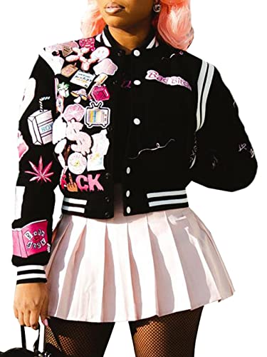 Kansoon Black Cropped Jacket Snap Fastener Long Sleeve Varsity Jackets Baseball Coats Black Xl #TOP21