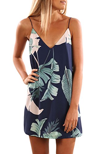 Women Summer Sexy V Neck Leaf Print Casual Short Dresses 2017, Tropical Palm, Medium