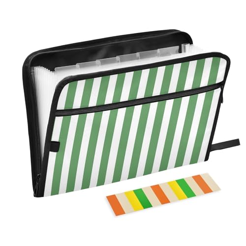 ALAZA Green White Striped 13 Pocket Expanding File Folder with Labels, Accordion File Folder File Organizer Letter A4 Paper for Office School Student