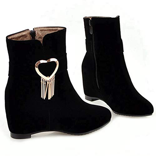 VOKLIN Women's Pointed Toe Wedge Dress Ankle Boots Metallic Suede Zipper Chunky Hidden Heels Short Booties3