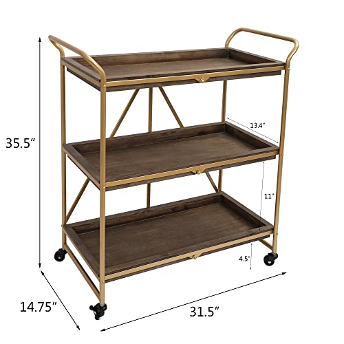 Ritesune Gold Bar Cart, Home Folding Bar Serving Cart With 3 Tier Shelves,Metal Trolley Rolling Bar Cart For The Home, Kitchen, Living Room, 31.5" Lx14.75 Wx35.5 H #TOP5