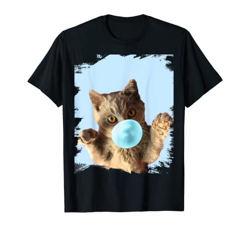 Cute Kitty Cat Chewing Blue Bubble Gum T-Shirt, Black