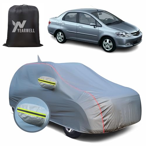 Image of Car Body Cover for Honda City, 100% Waterproof, Heat-Resistant with Mirror & Antenna Pockets, Soft Cotton Lining, Triple Stitched, Green Reflector (Metallic Grey)