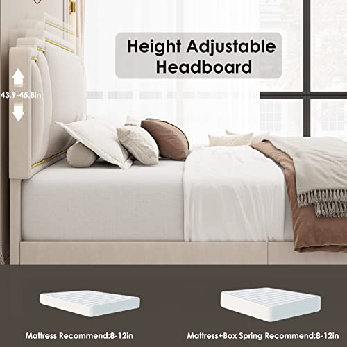 Hifit Full Size Modern Velvet Upholstered Bed Frame With Adjustable Headboard, Studded With Golden Iron Slice & Rivets, Platform Bed Frame With No Noise, No Box Spring Needed, Easy Assembly, Beige #TOP4