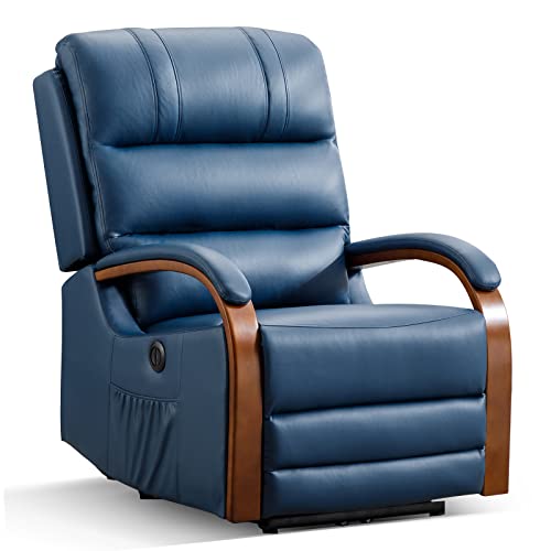 Inzoy Power Recliners Chairs With Usb Charge Port, Pu Leather Electric Reclining Chair Business Style, Motorized Single Sofa With Wood Armrest, Recliner Chair For Living Room Office Home, Blue #TOP18