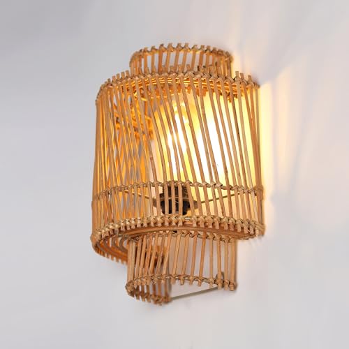 Image of Habere India-All the Cultures Fabricating India Wall Mount Lamps for Bedroom | Bedroom Lights for Wall | Lamp for Living Room | Rattan Lamp - (M: 30 * 25 * 14 cm)