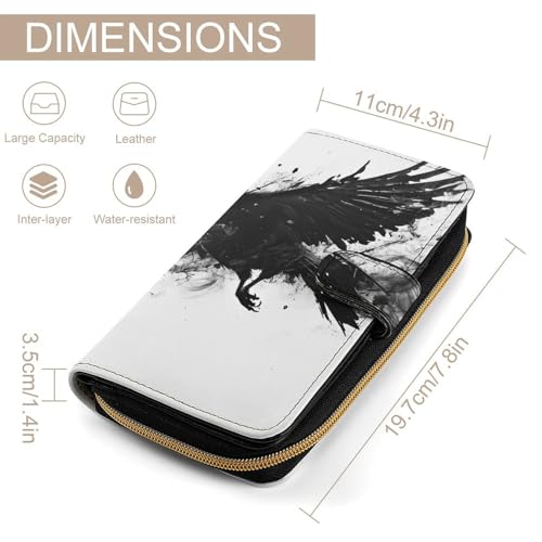 Smooth Black Crow Raven Bird Grey PU Leather Wallet, Women Men Reusable Multi-Functional Wallets Waterproof with Snap and Zipper, Large Capacity Wallet2