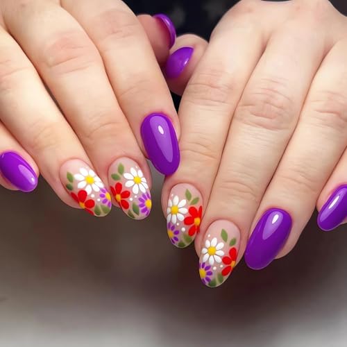 Purple Press on Nails Almond Flower Fake Nails with Designs Fall ...