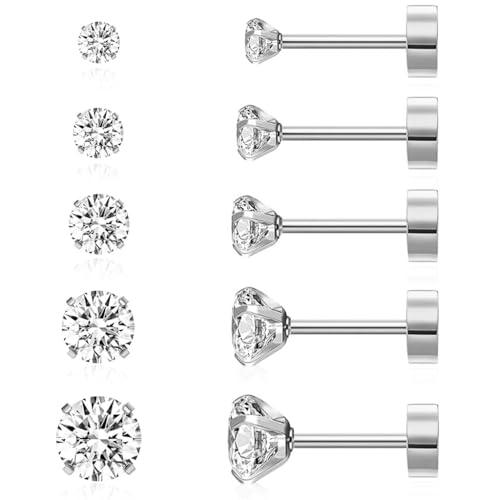 Image of SANNIDHI 5 Pairs Earrings for Women Flat Back Gold /Silver Cartilage Stud Earrings Cubic Zirconia 316L Stainless Steel Earrings - 3 4 5 6 8mm Hypoallergenic Nickel-Free