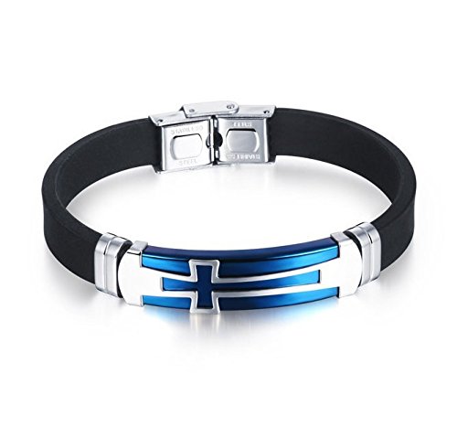 Asma Jewel House Blue Big Cross Stainless Steel Silicone Bracelet for Men
