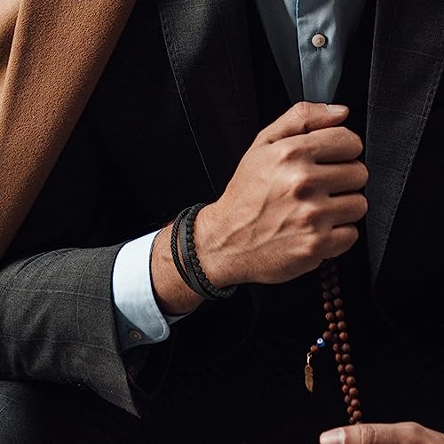 Gifts for Men - Layered Leather Beads Bracelet, Tiger Eye Lava Rock Stone Braided Leather Bracelets for Men Adjustable Magnetic Clasp Birthday Gifts2