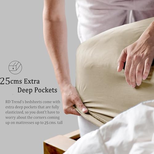 Image of RD TREND Microfiber Satin Weave Fitted Bedsheet for Double Bed King Size (78x72x10 Inch) with 2 Pillow Covers (18x28 Inch),400 TC Elastic All Around | (Beige)