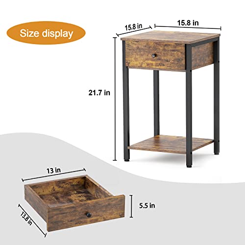 Ecoprsio Nightstand Set Of 2 Industrial End Table Side Table With Drawer And Storage Shelf Wood Night Stand Rustic Bedside Table For Bedroom, Living Room, Sofa Couch, Hall, Easy Assembly #TOP2