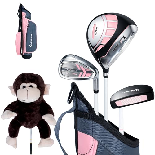 XDriveMax Junior Golf Club Set for Toddlers and Kids Ages 3-5 (Height 36-43) Right Hand Pink - Includes Ultra-Light Driver 7 Iron Putter Cartoon Monkey Headcover Practice Balls & Putting Cup