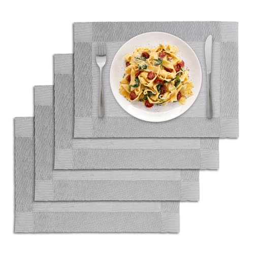 4 Pcs 30x45cm Placemats, Silver Grey Table Mats Set of 4, PVC Christmas Placemats for Diningtable Protection, Washable Gray Table Mats for Home and Restaurant Use