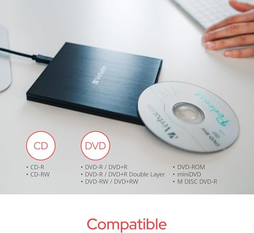 Image of Verbatim Slim External Burner CD /DVD + /-RW Optical Drive USB 2.0 with USB A to USB C Adapter and M-DISC Support - Mac & PC Compatible Nero Burn & Archive Software Included (Windows only)