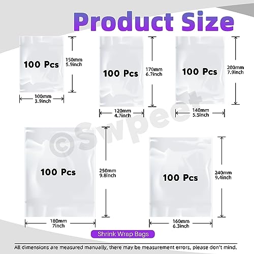 Swpeet 500Pcs 5 Größen 3.93 4.7 5.51 6.2 7.08 Klare PVC Schrumpfbeutel Schrumpfbänder Sortiment Kit, perforierte Schrumpfbeutel Hülsen für Seifenbad Bombe Gläser Taschen Seife Schrumpffolien