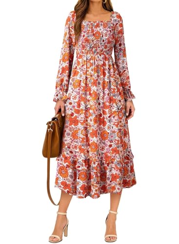 Dokotoo Boho Dresses for Women 2025 Casual Floral Square Neck Long Sleeve Smocked Elastic Waist Tiered Ruffle Hem Maxi Dress