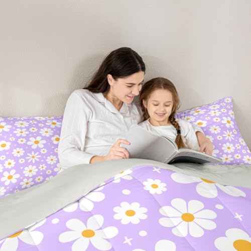 Image of Daisy Flower Groovy Comforter Set Queen Size Kids Boys Girls Bedding | Retro Boho Breathable Soft Lightweight Duvet Set Quilt Set Bedroom Decor Microfiber 3Pcs Light Purple Warm Cozy All Season