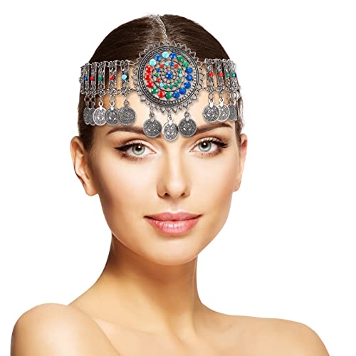 NICENEEDED Boho Coins Pendant Head Chain, Indian Vintage Coins Headband, Layered Coin Pendant Headband Chain Forehead Chains Prom Party Hair Accessories for Women