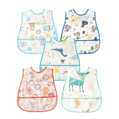 R HORSE 5Pcs Baby Toddler Bibs with Crumb Catcher Pocket & Snap Button Adjustable Waterproof Baby Feeding Bibs for Boys Girls 6-24 Months