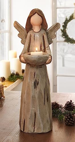 Teelichthalter Engel mit Schale aus Terracotta in Holz Optik, 40 cm...