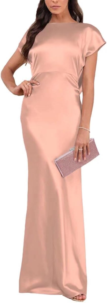 Satin Cap Sleeve Wedding Guest Dresses for Women Mermaid Cowl Back Cocktail Dress Elegant Ruched Waist Evening Long Dress