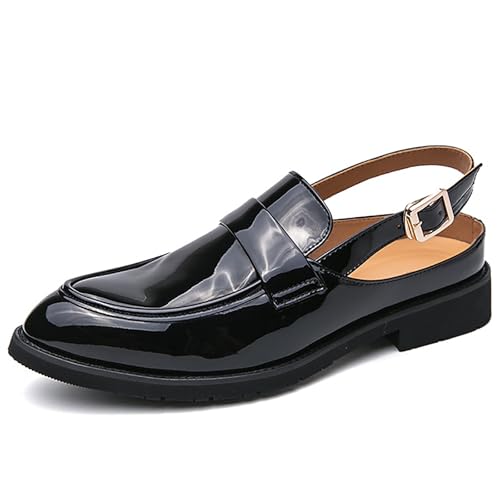 Men'S Patent Leather Closed Toe Mules With Adjustable Buckle Strap Fashion Comfortable Breathable Block Heel Slingback Dress Sandals For Business Office Wedding Party